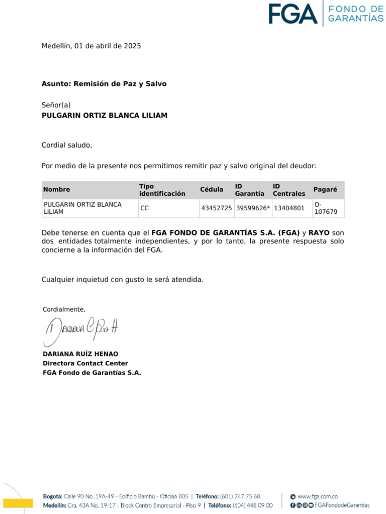 Paz y Salvo de FGA para Blanca Liliam | PDF