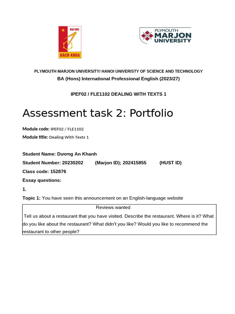 IPEF02 - A2. Portfolio Duong An Khanh 20230202 | PDF | Diet (Nutrition ...