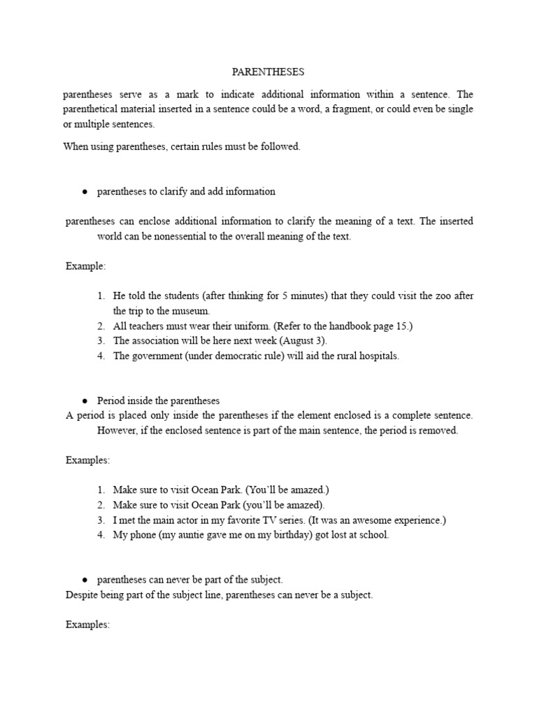 Parentheses Usage and Rules Guide | PDF | Bracket | Comma