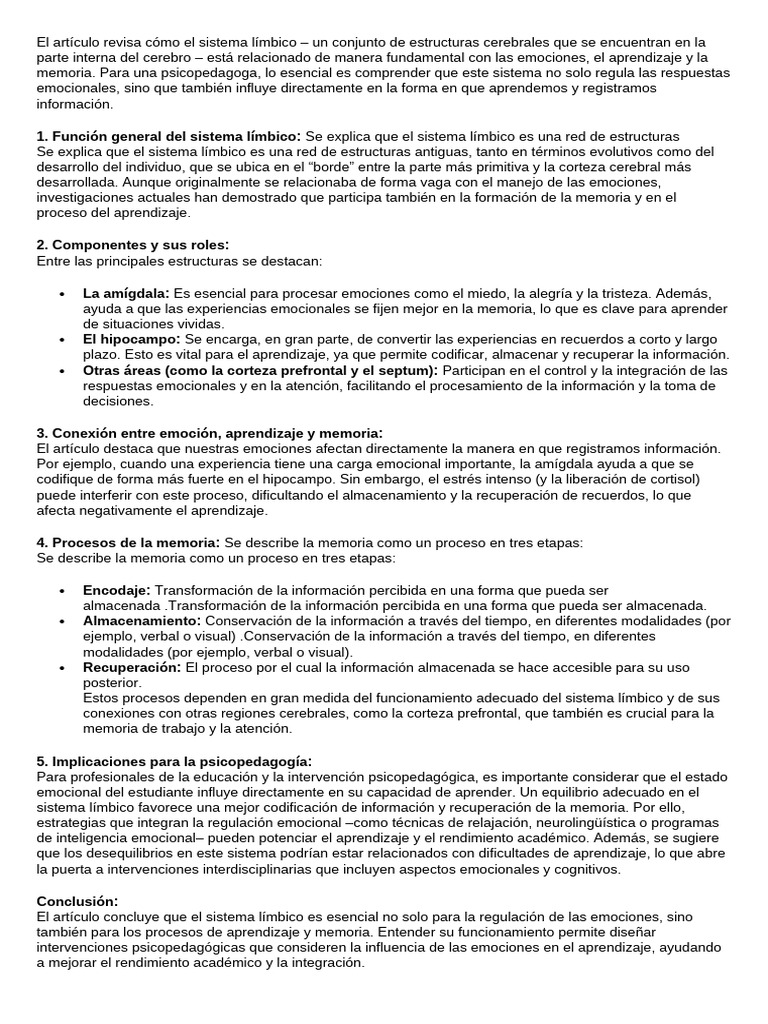 Sistema límbico y su impacto en el aprendizaje | PDF | Las emociones ...