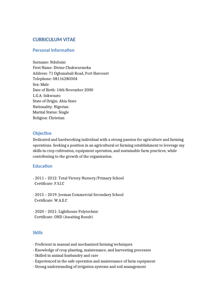 Divine Ndubuisi's Agriculture CV | PDF