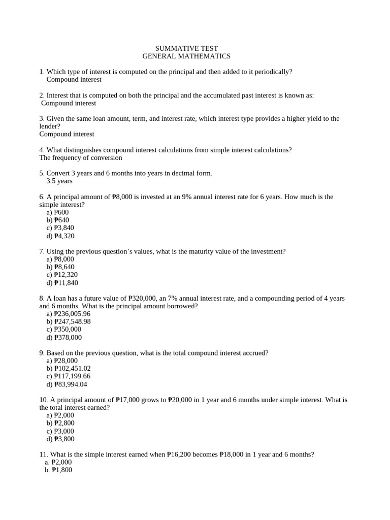 General Mathematics Summative Test | PDF | Compound Interest | Interest
