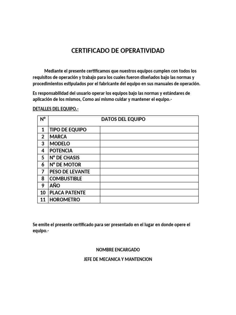 Certificado de Operatividad de Equipos | PDF