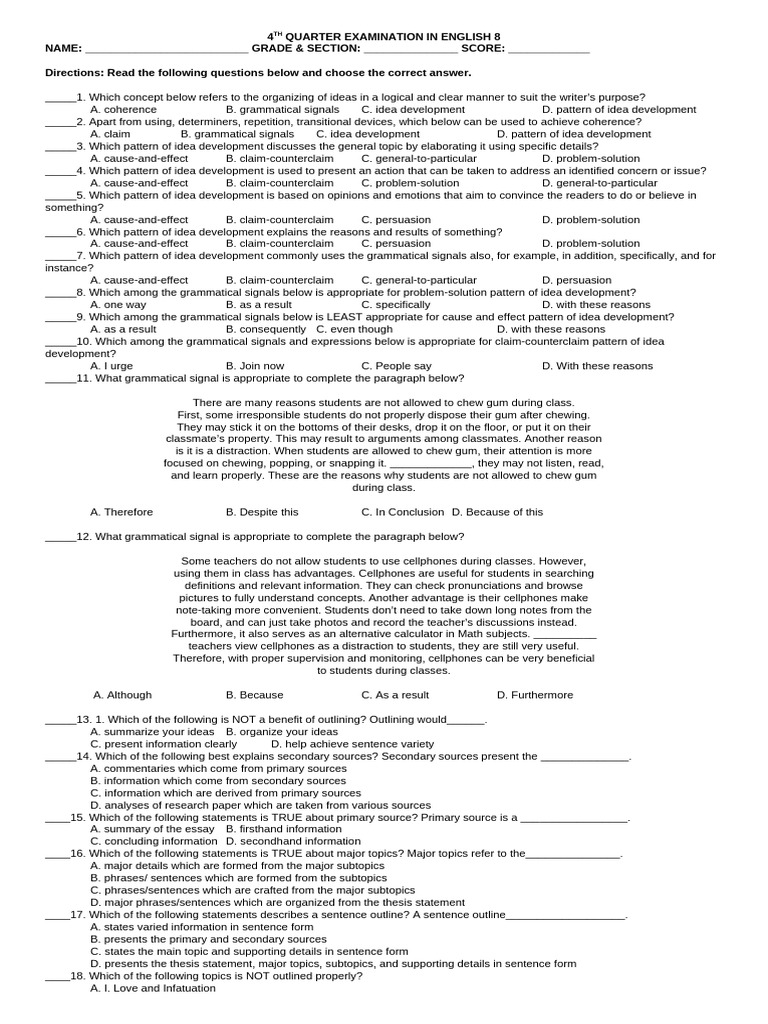 English 8 4th Quarter Exam Review | PDF | Linguistics | Linguistic ...