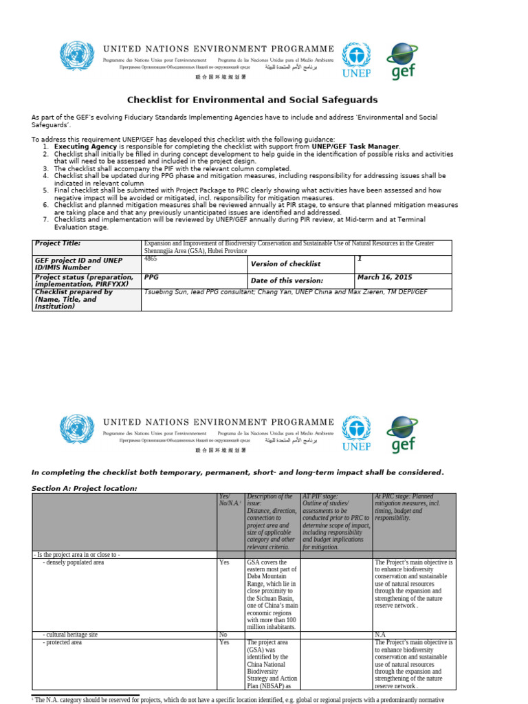 Environmental and Social Safeguards Checklist | PDF | Conservation ...