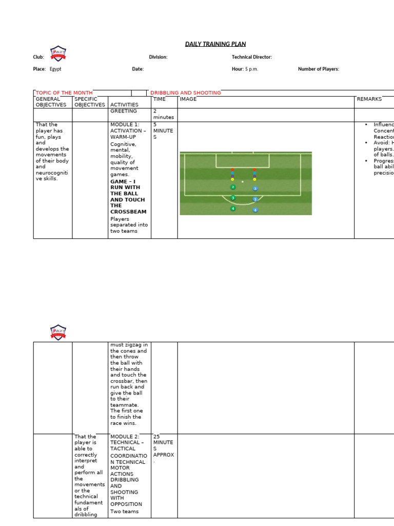 DAILY TRAINING PLAN Shoot Dribling | PDF | Football Codes | Ball Games