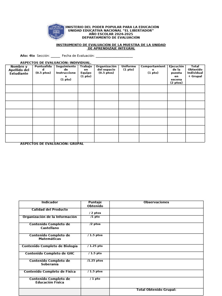 Instrumento de Evaluación 4to Año P.A. II Lapso.2024-2025 | PDF