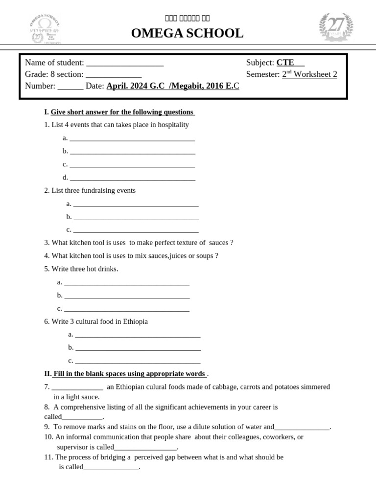 CTE Grade 8 Unit 2 Worksheet Answers | PDF