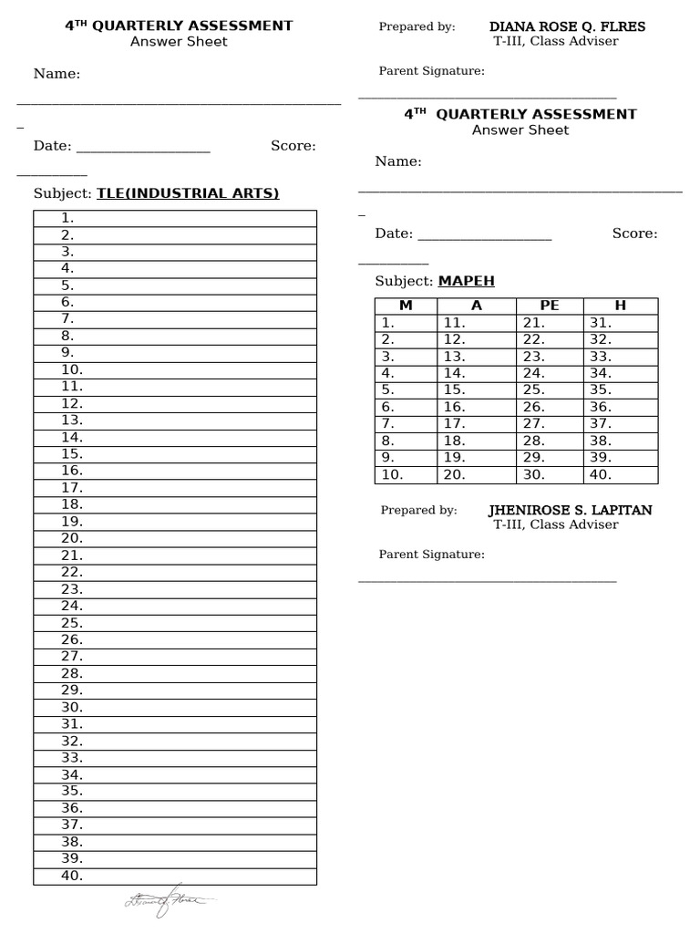 4th Quarter Assessment Answer Sheet Pdf