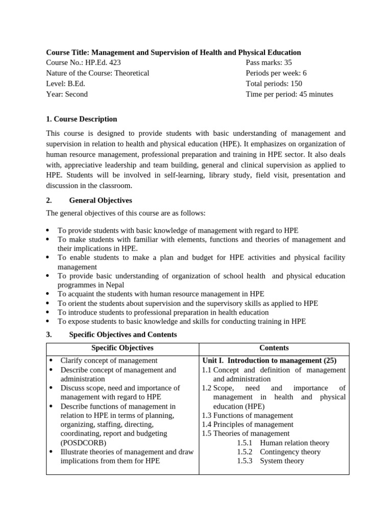 Health & PE Management Course Overview | PDF | Leadership | Human ...