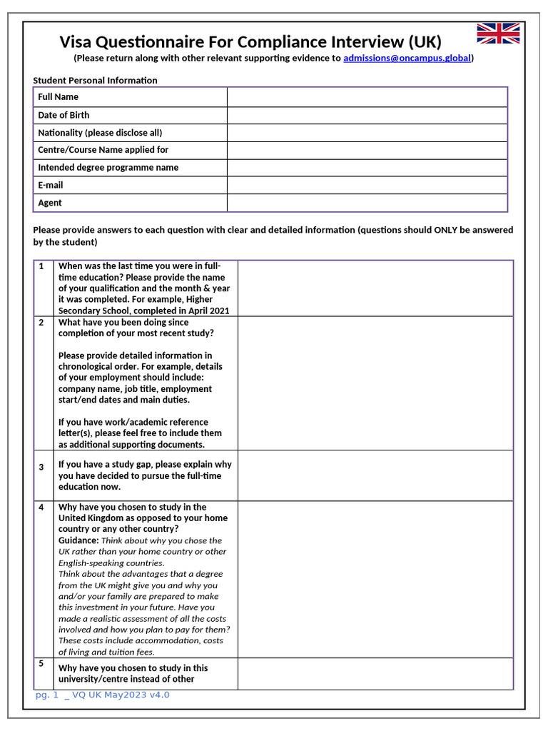 UK Student Visa Questionnaire Template | PDF | Travel Visa | Employment