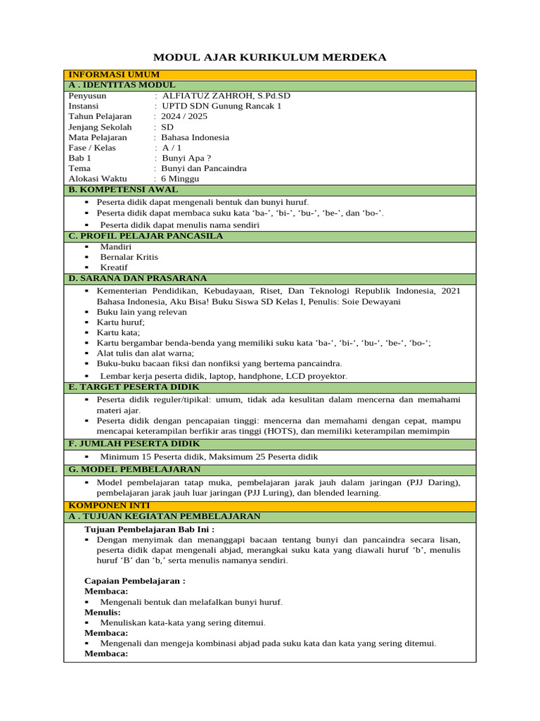 Modul Ajar Bahasa Indonesia SD Kelas 1 | PDF