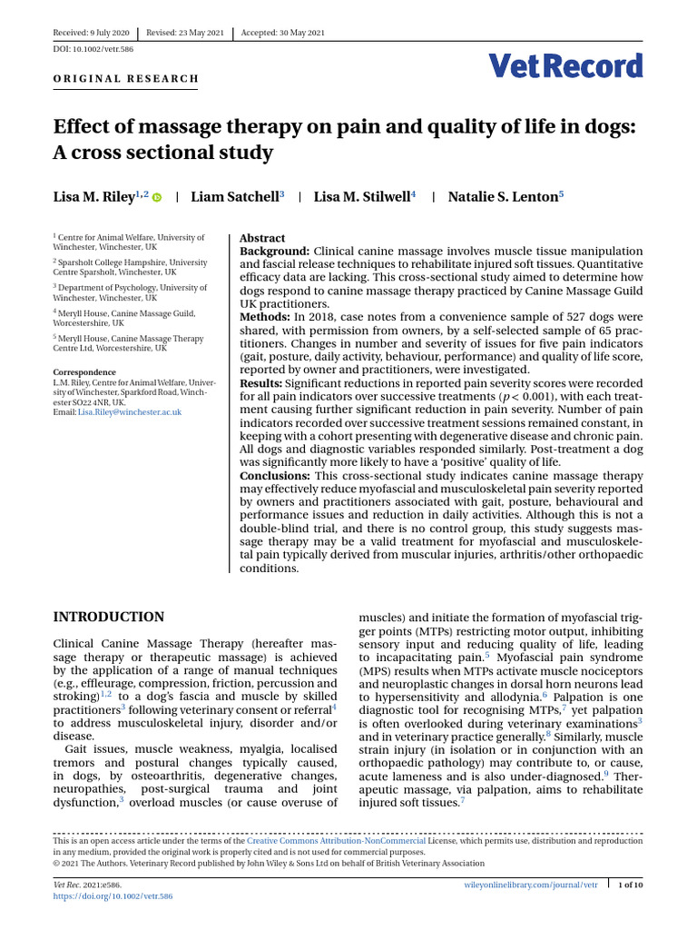 Veterinary Record - 2021 - Riley - Effect of Massage Therapy On Pain ...