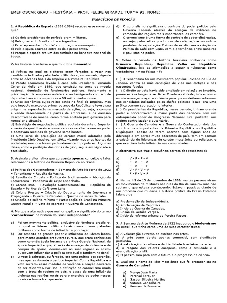 Exercícios sobre a Primeira República | PDF | República | Brasil