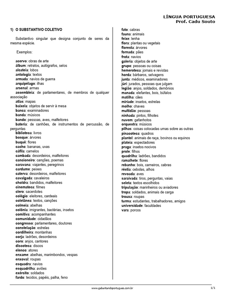Tabela de Substantivos Coletivos | PDF | Zoologia