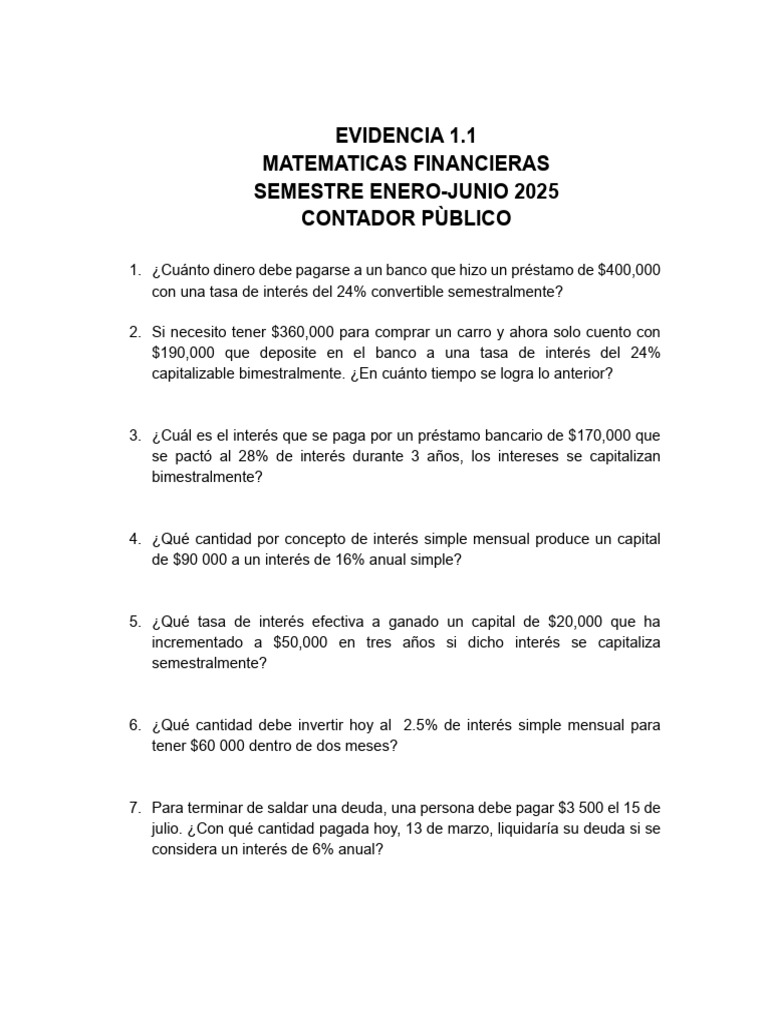 Ejercicios de Matemáticas Financieras 2025 | PDF | Interés | Tasas de ...