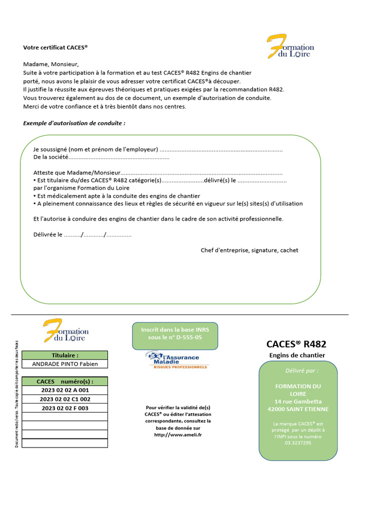 Certificat CACES® R482 Engins de Chantier | PDF