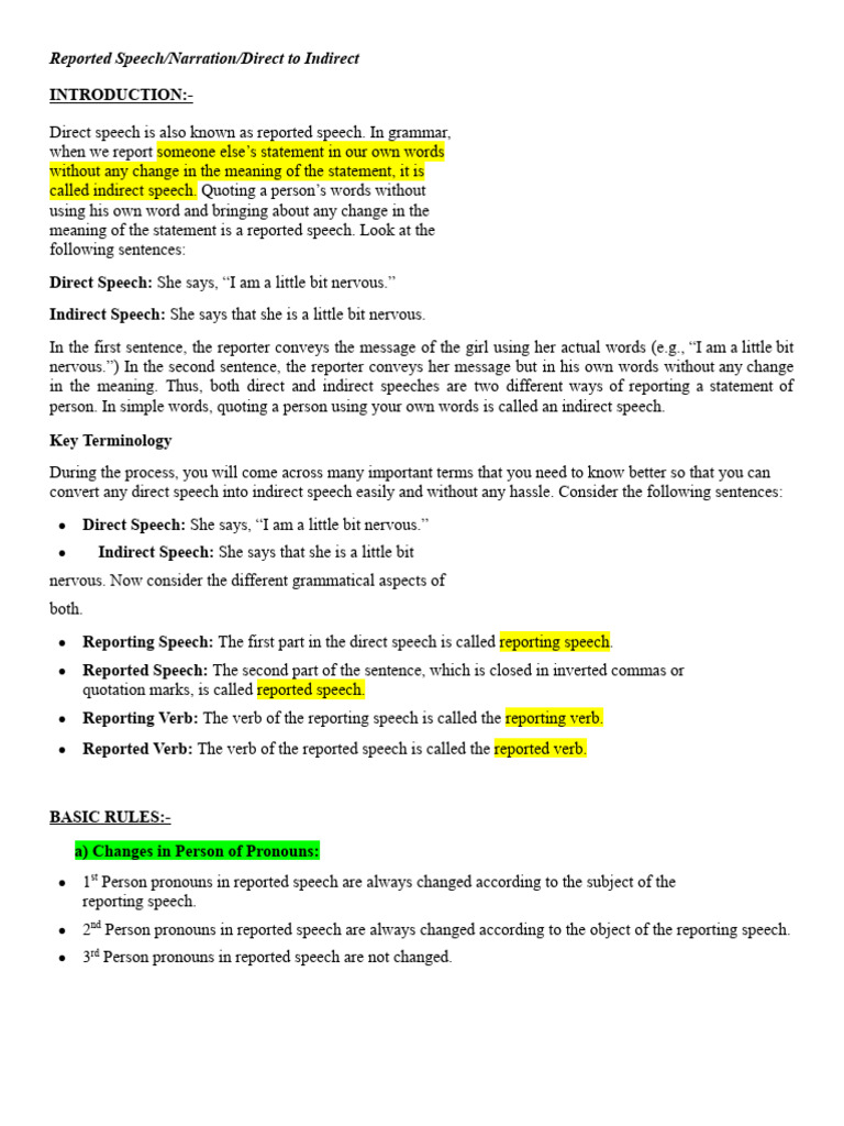 Direct and Indirect Speech Rules | PDF | Grammatical Tense | Language ...