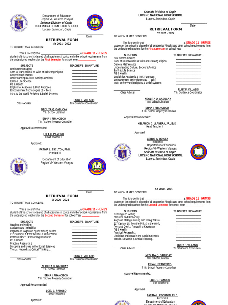 Retrieval Form for HUMSS Students | PDF