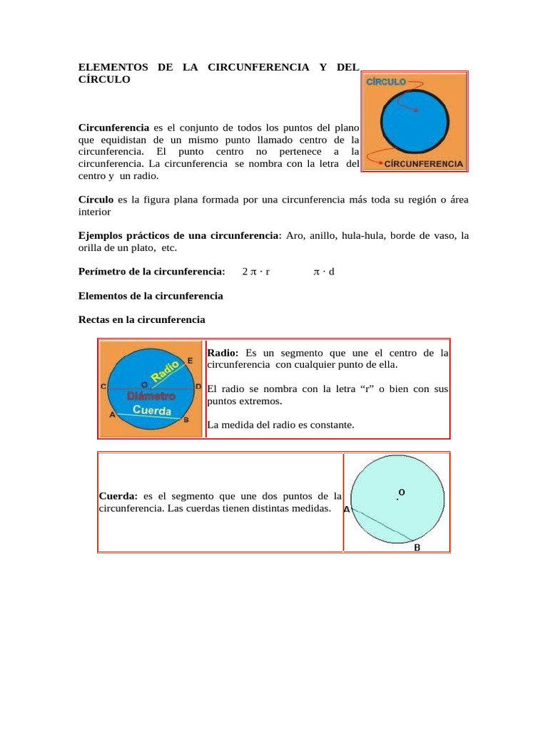Elementos de la circunferencia y círculo | PDF | Diámetro | Circulo