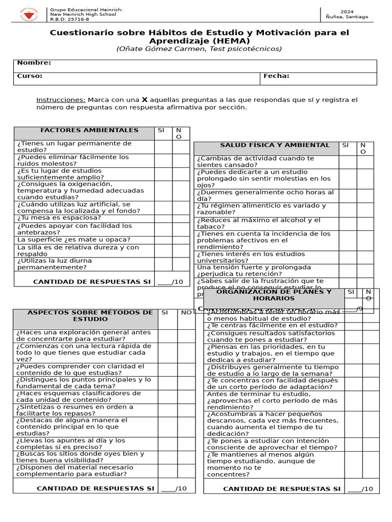 Cuestionario Hema Listo para Imprimir | PDF