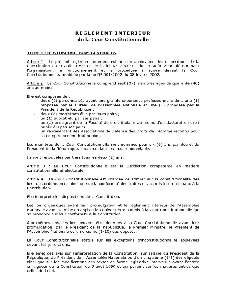 Règlement intérieur de la Cour Constitutionnelle | PDF | Constitution | Loi
