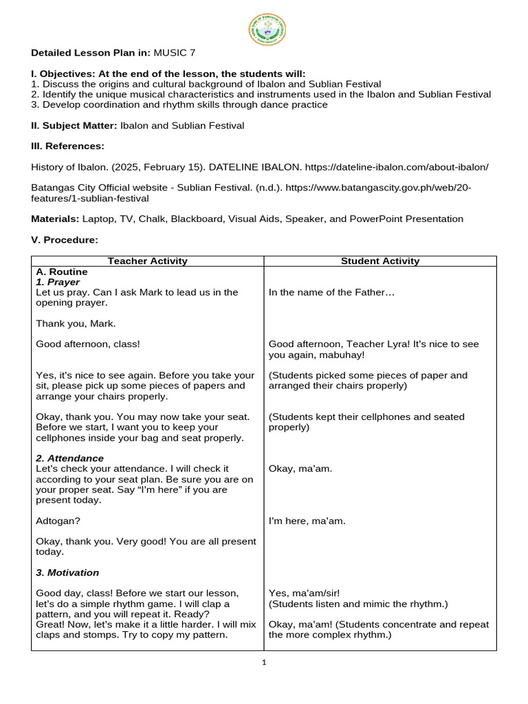 Ibalon and Sublian Festival Lesson Plan | PDF | Rhythm | Dances