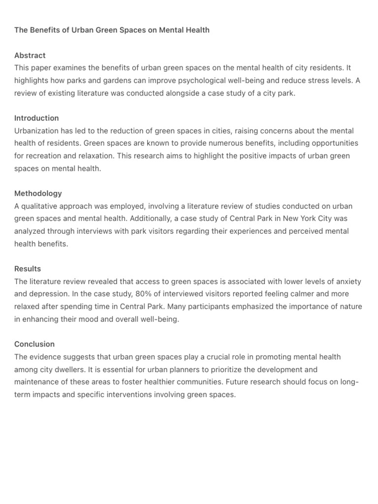 Urban Green Spaces and Mental Health Benefits | PDF