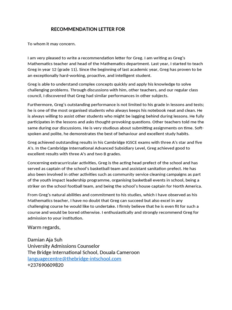 Greg's Recommendation Letter | PDF