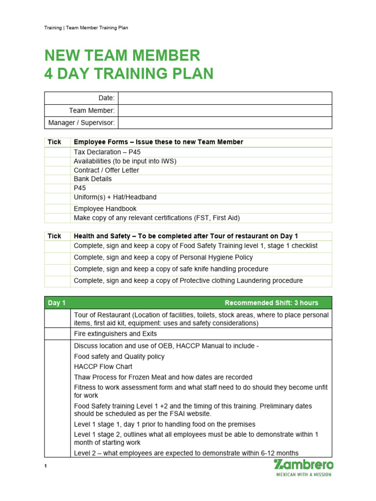 New Team Member Training Plan Guide | PDF | Burrito | Foods