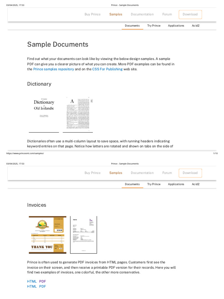 PrinceXML Sample Document Gallery | PDF | Html | Page Layout