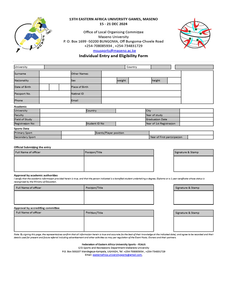 13th EAUG Maseno 2024 Individual Entry and Eligibility Form | PDF ...