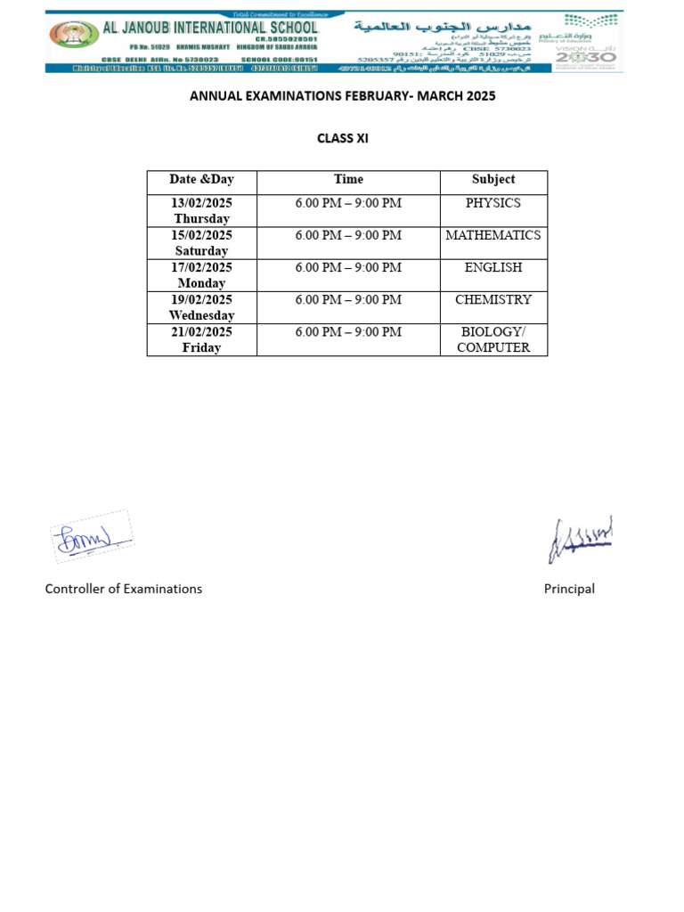 Class XI Annual Exam Schedule 2025 | PDF