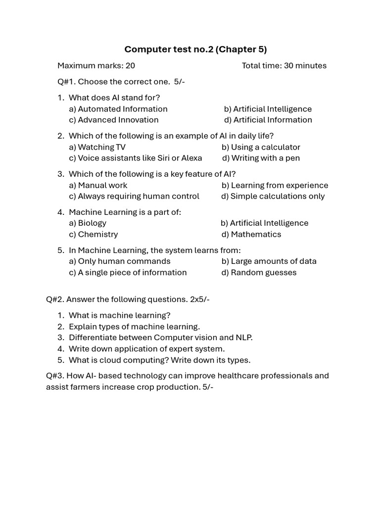 AI and Machine Learning Test Questions | PDF