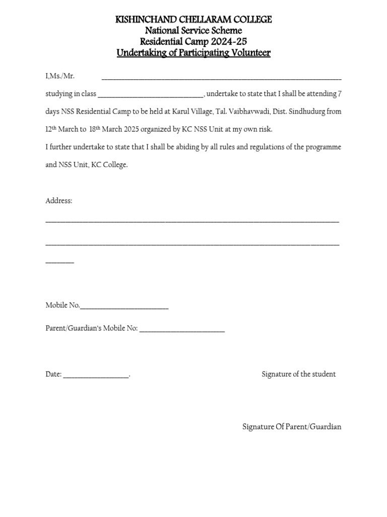 NSS Camp Participation Undertaking | PDF