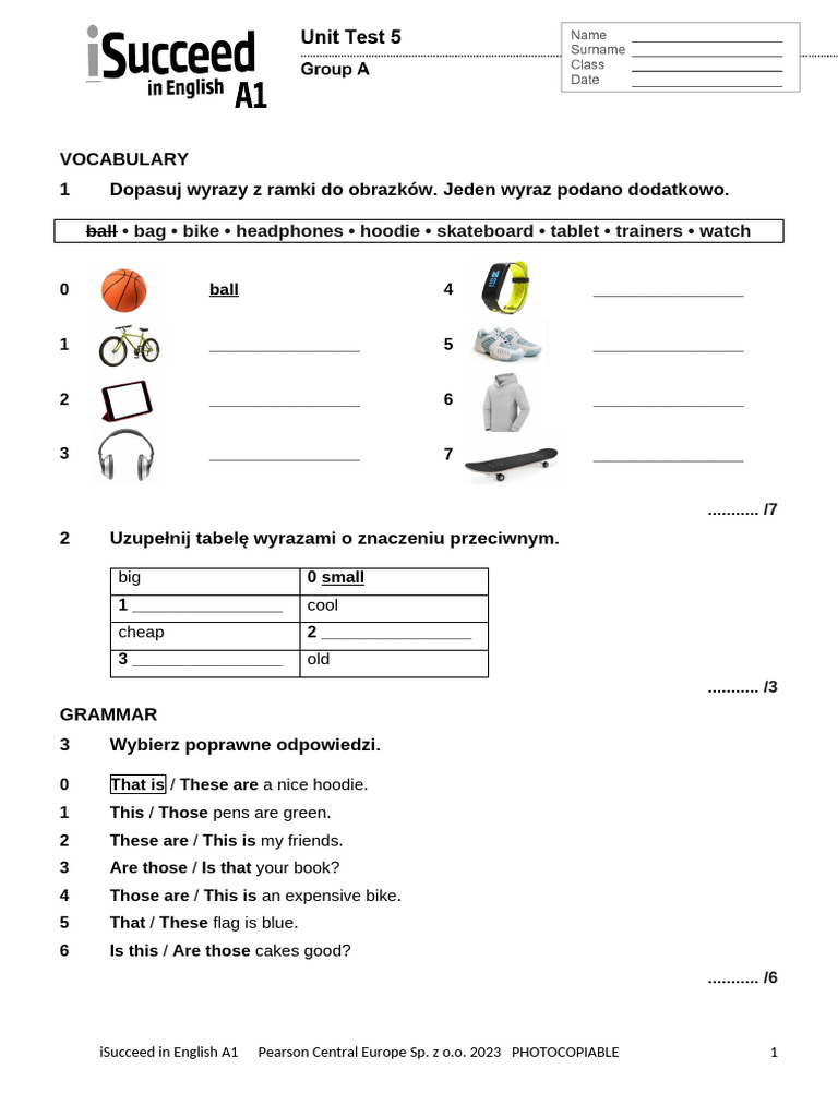 English A1 Vocabulary and Grammar Test | PDF