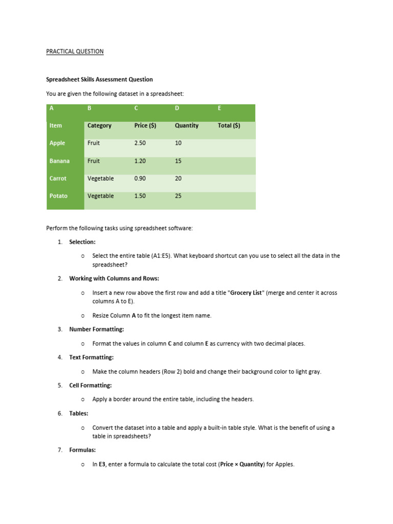 Spreadsheet Skills Assessment Guide | PDF