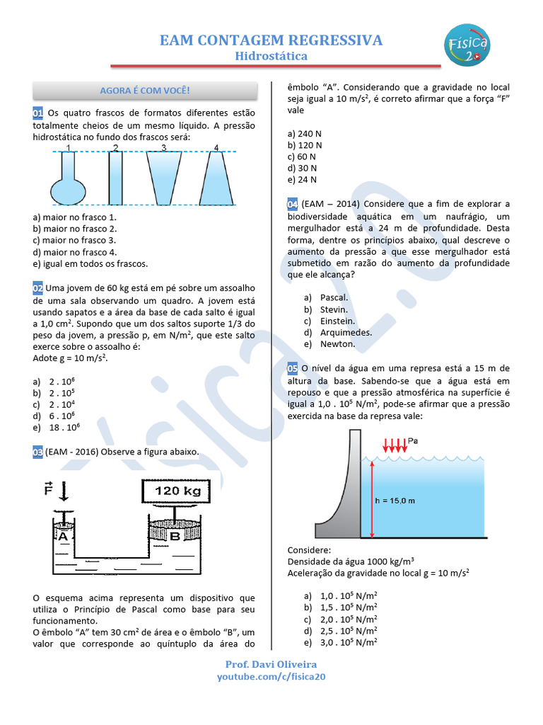 Pressão Hidrostática: Questões e Respostas | PDF | Pressão