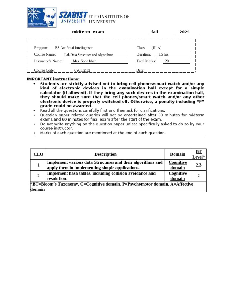 CSCL 2102 Lab Data Structures and Algorithms BS AI 3A | PDF | Applied ...