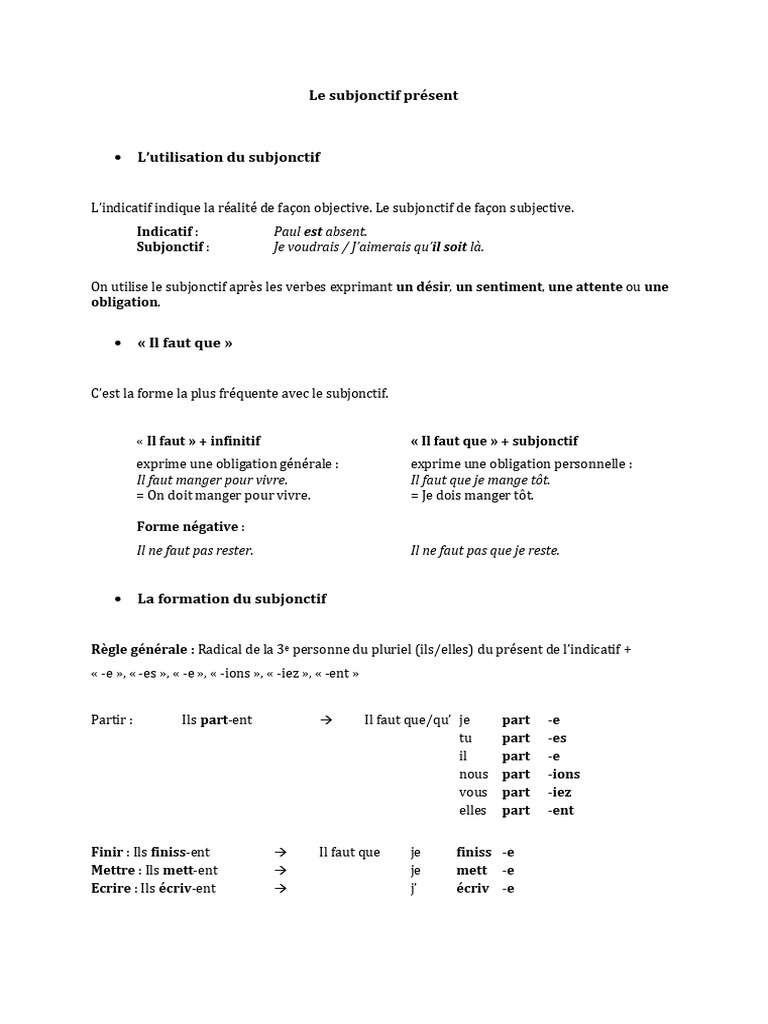 Guide du subjonctif présent en français | PDF | Verbe | Conjugaison