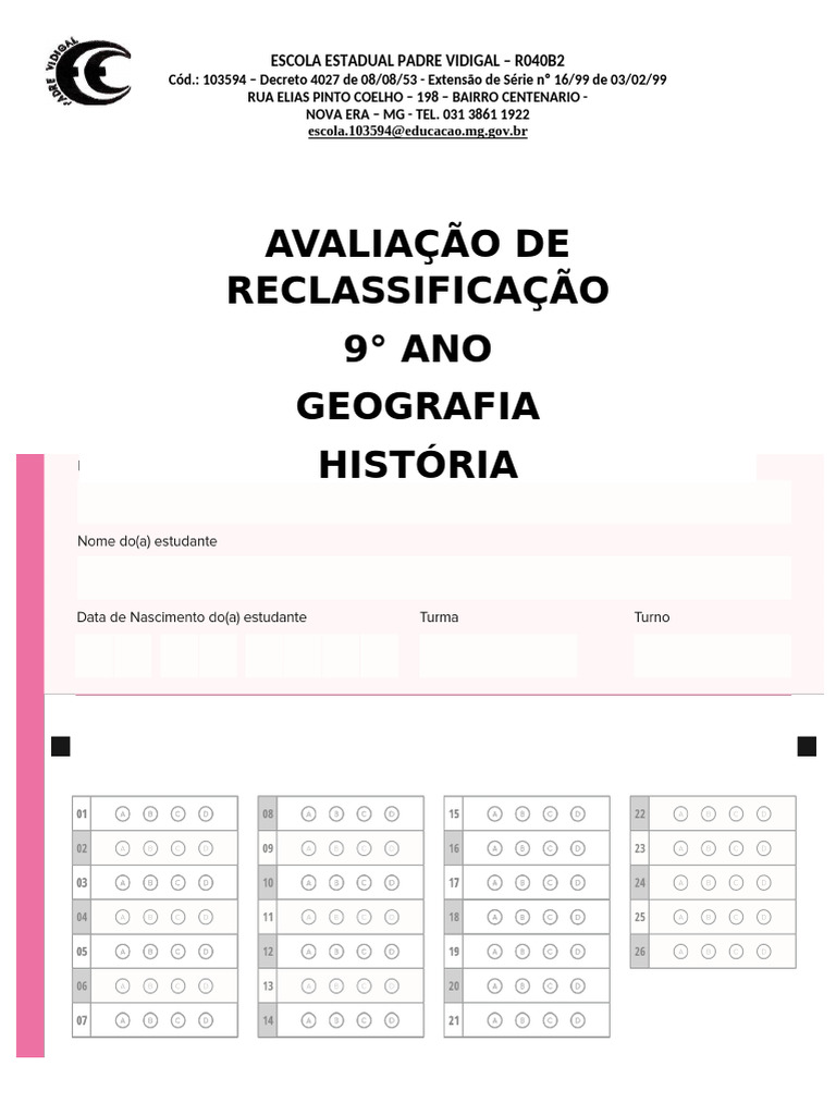 Avaliação de Reclassificação 9° Aos Historia e Geografia | PDF ...