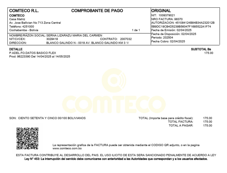 Factura Comteco R.L. - 02/04/2025 | PDF