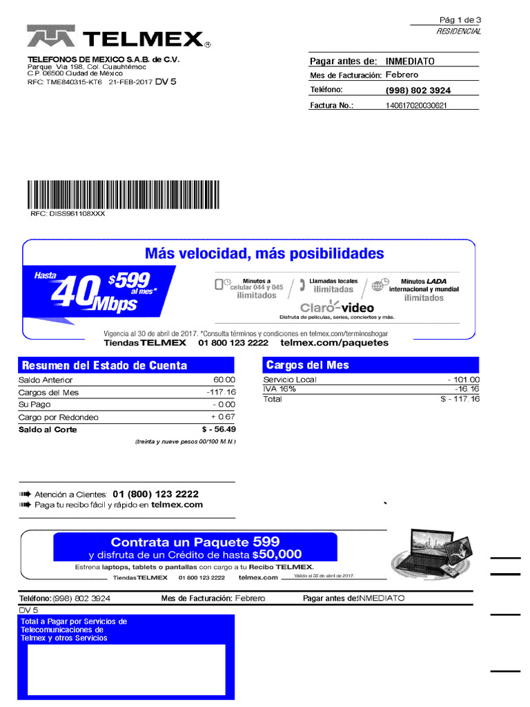 Pago de Recibo Telmex en Cancún | PDF
