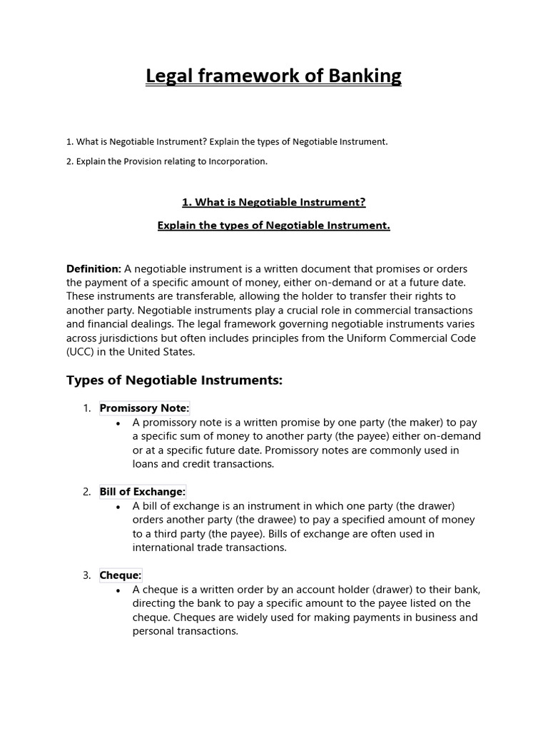 Legal Framework of Banking | PDF | Negotiable Instrument | Private Law