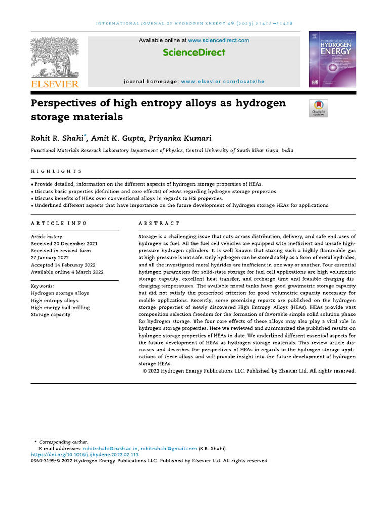 Prespective of hIGH ENTROPY ALLOYS AS HYDROGEN STORAGE MATERIALS | PDF
