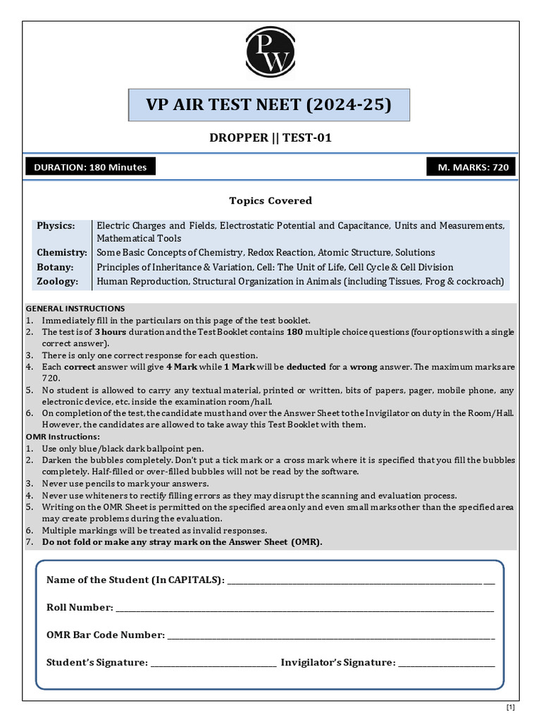VP AIR Test 01 Dropper NEET 2024 25 09 02 2025 Question Paper | PDF ...