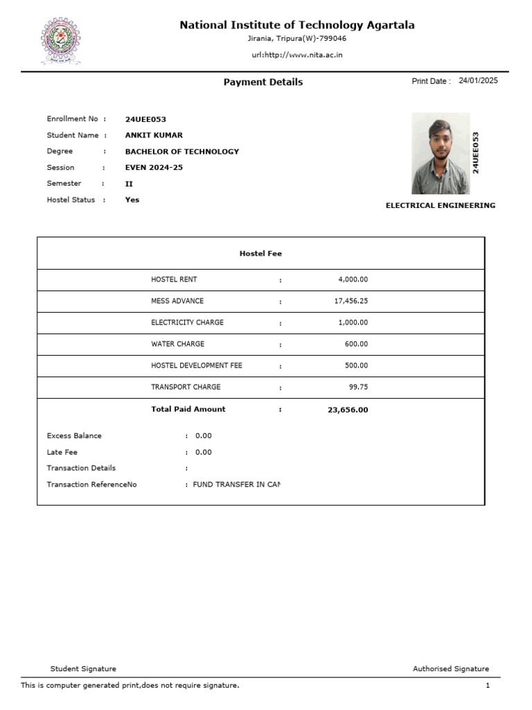 Hostel Fee Receipt for 2024-25 | PDF