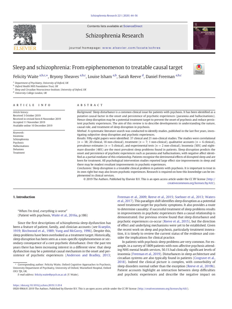 Waite Et Al 2020 Sleep in Schizophrenia | PDF | Psychosis | Sleep Disorder