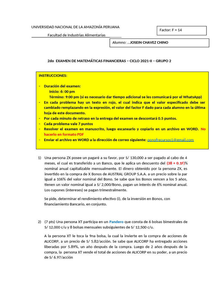 2do Examen 1 de Matemáticas Financieras - 2021-II - Grupo 1 | PDF ...