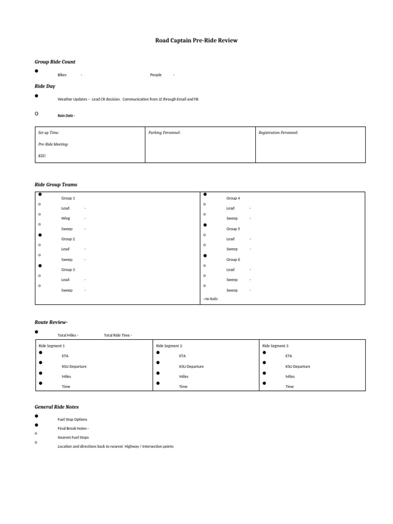 Road Captain Group Ride Checklist | PDF